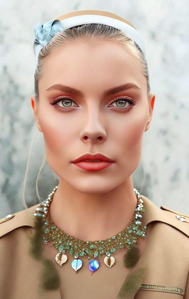 Striking makeup woman with blue headband and bejeweled necklace.