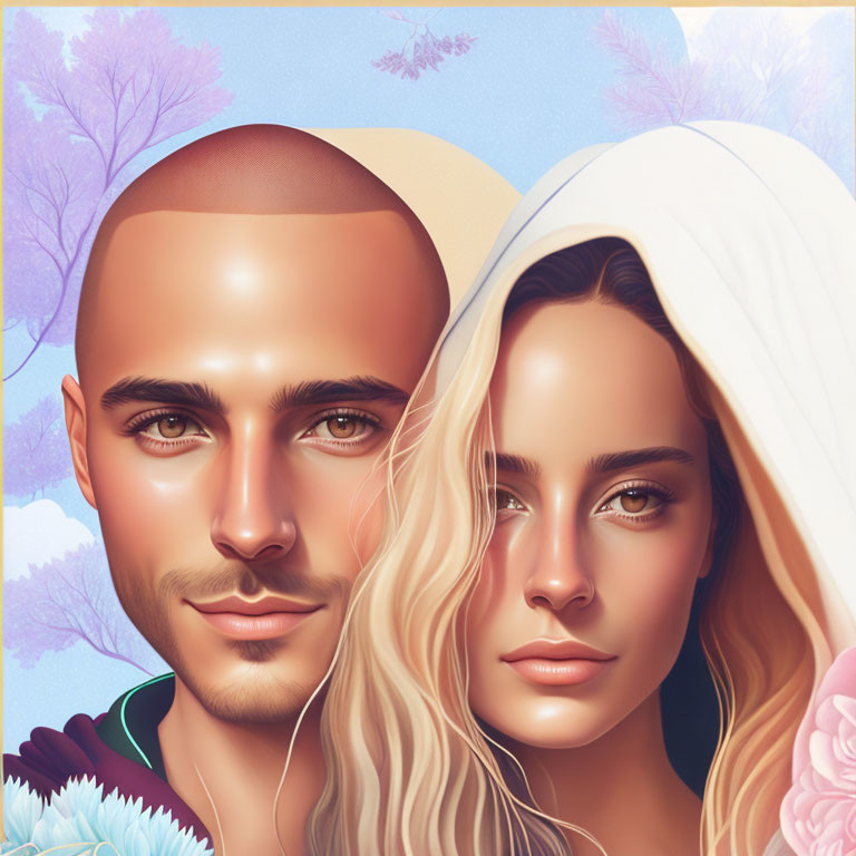 Detailed man and woman illustration with realistic features on floral backdrop