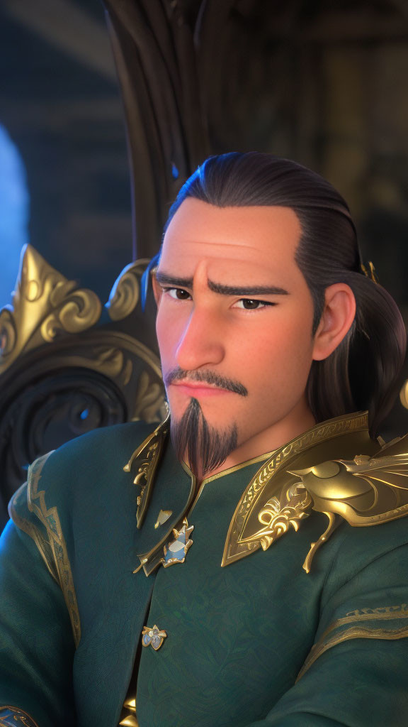 Regal teal outfit 3D male character with goatee and ponytail