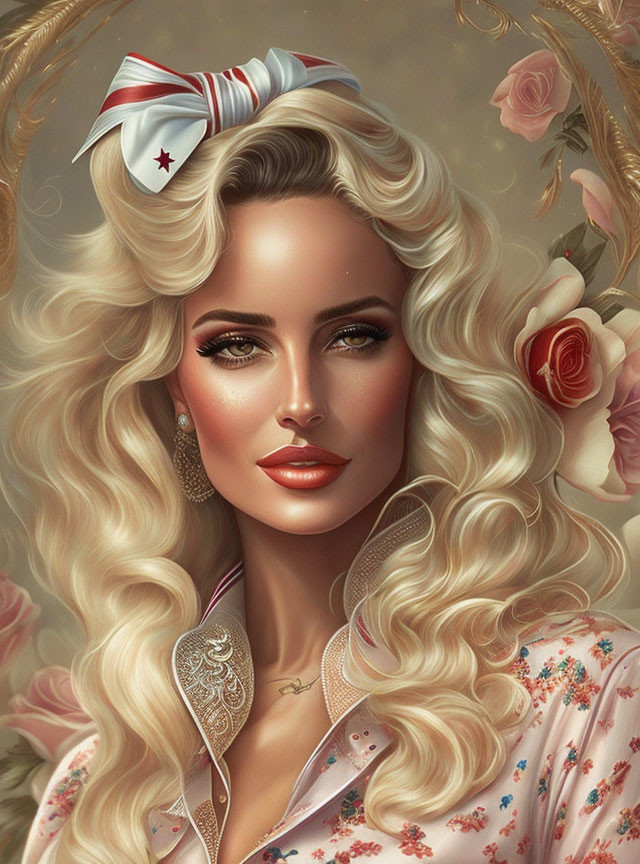 Blonde woman digital portrait with bow headband and rose flowers