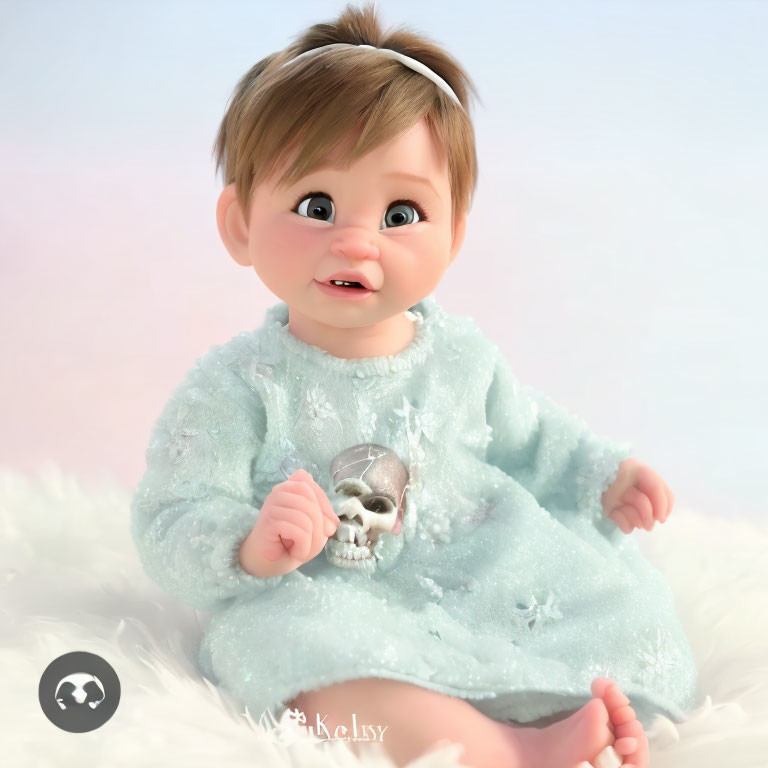 3D animated baby with blue eyes and brown hair holding a small skull in teal dress, against past