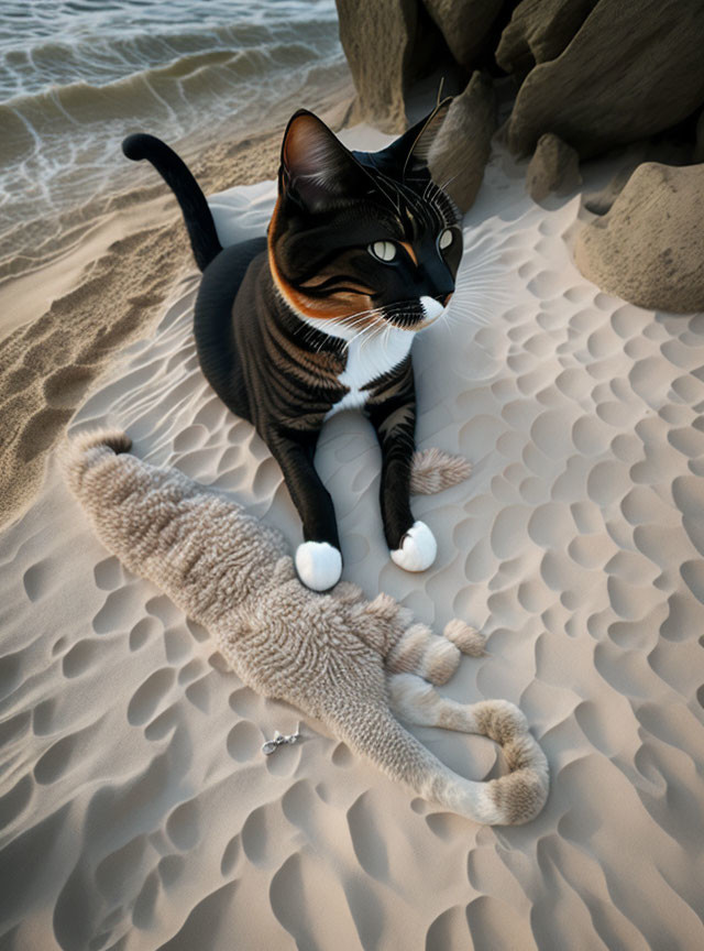 Digital Art: Black and Brown Cat with Unique Patterns on Sandy Terrain