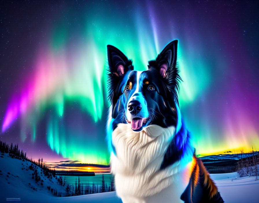 Border Collie with vivid aurora borealis and snowy landscape under twilight sky