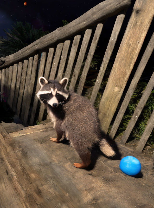 Nocturnal raccoon on wooden deck with blue ball under starry night sky