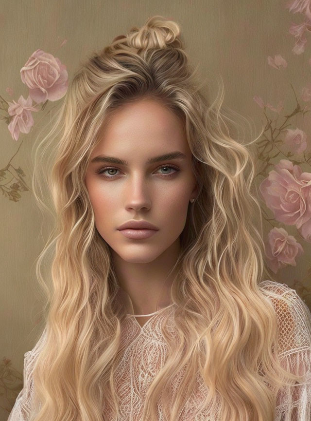 Illustrated portrait of woman with wavy blonde hair and green eyes in lace top on floral backdrop