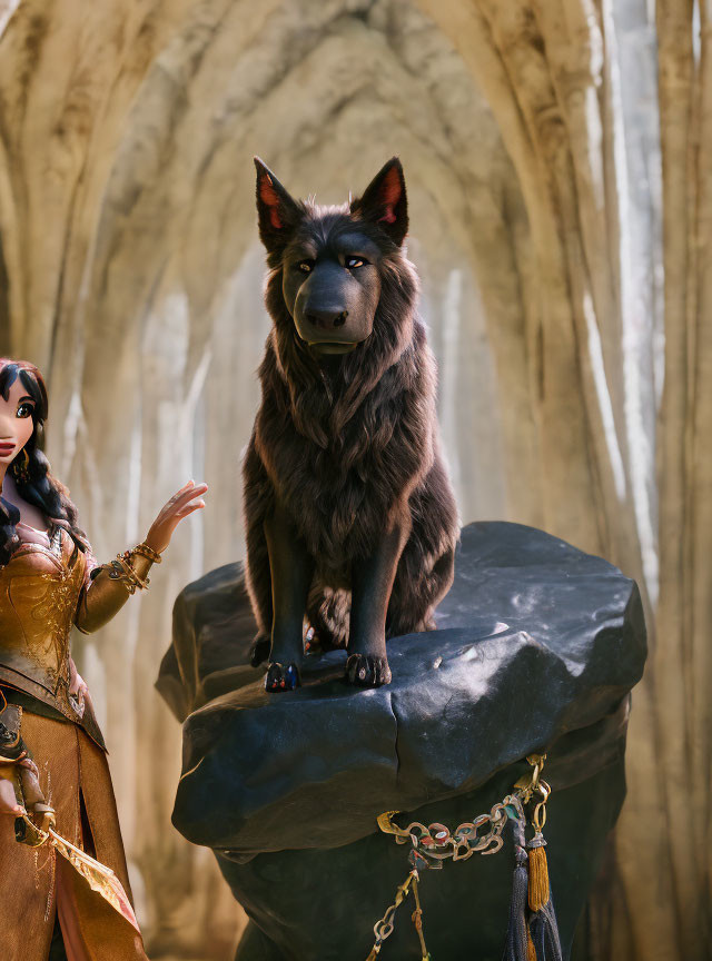 Black wolf and woman in golden medieval dress near rock and archway.