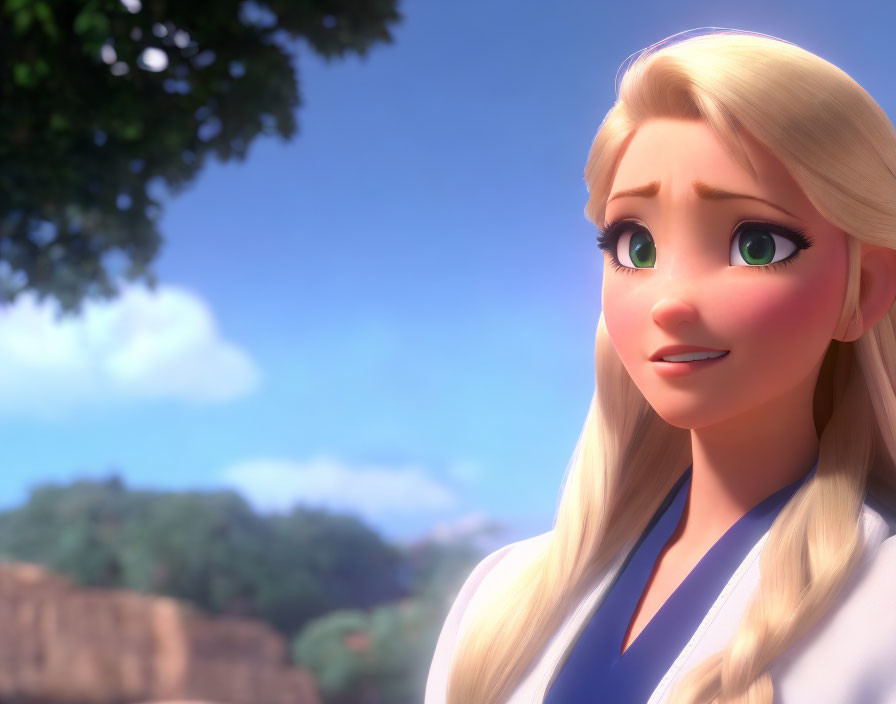 Blonde-Haired Animated Character with Green Eyes Outdoors