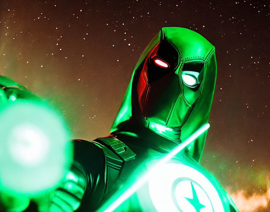 Detailed Green and Black Superhero Costume with Glowing Eyes and Sword