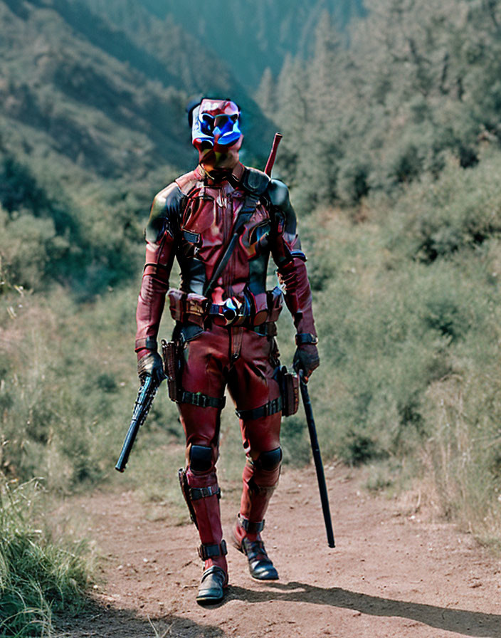 Person in Red and Black Costume with Rifle and Baton on Dirt Path