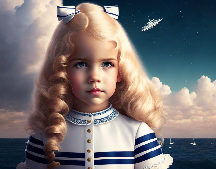 Blond Curly-Haired Girl in Sailor Outfit Artwork