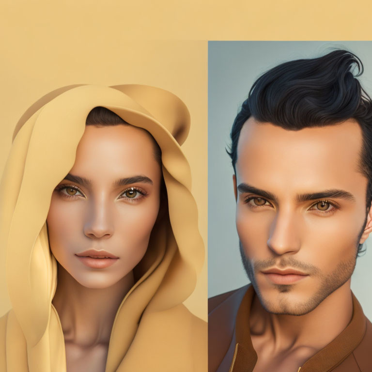 Split image: woman with yellow headscarf & green eyes on left, man with styled hair &