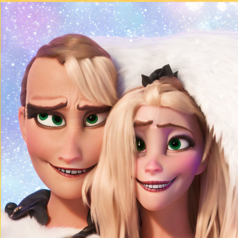 Blonde-haired animated characters in white winter fur on starry background