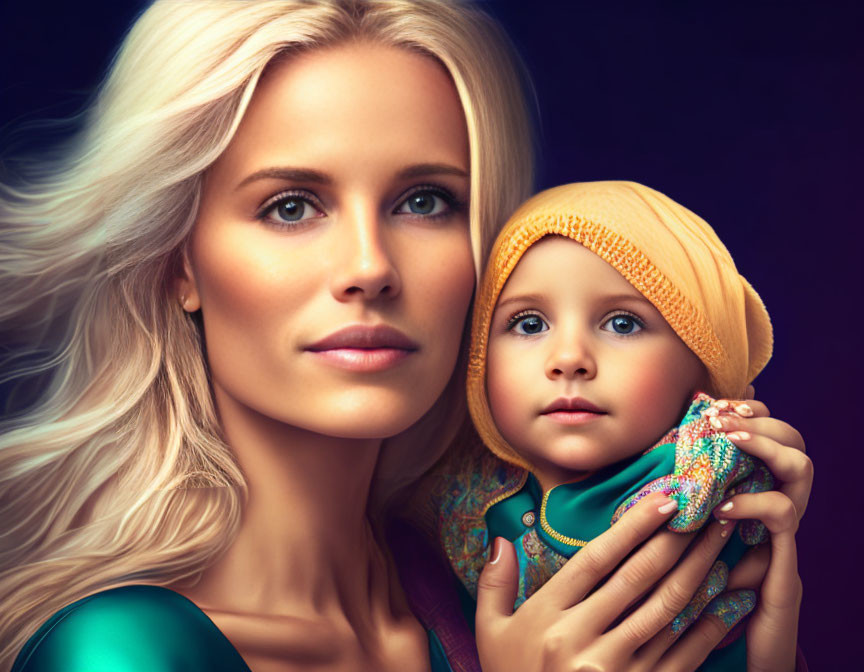 Blonde woman and child in orange hat against dark background