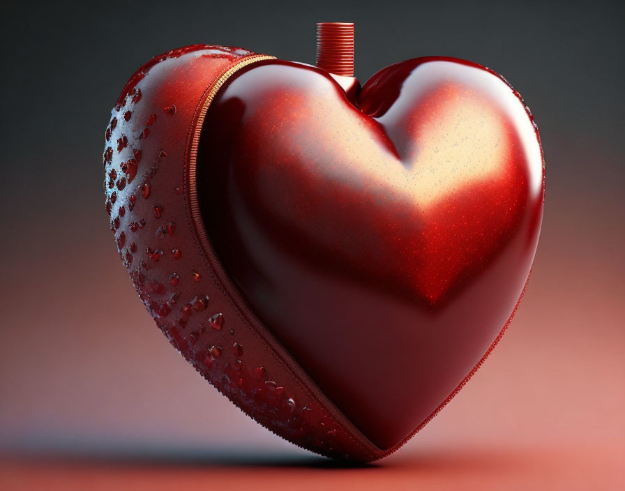 Glossy red heart with water droplets on soft red background