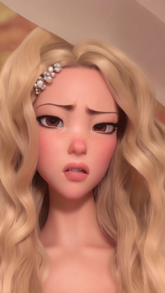 Close-up of 3D animated female character with wavy blonde hair and pearl hair accessory