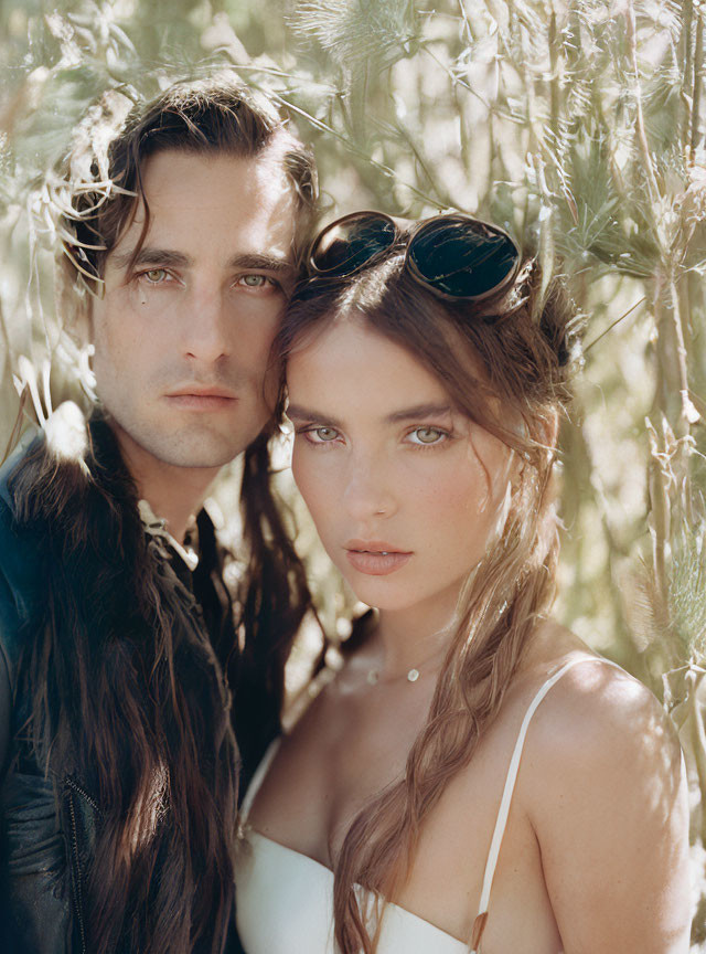 Man and woman in natural light, man with dark hair and leather, woman in white top with bra