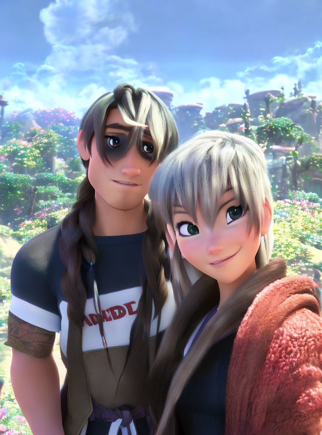 Male and female animated characters with unique hairstyles smiling in vibrant garden setting.