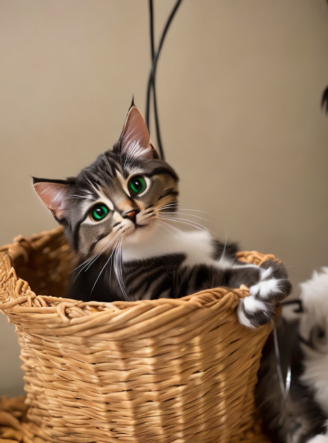 Tabby Cat with Green Eyes in Wicker Basket