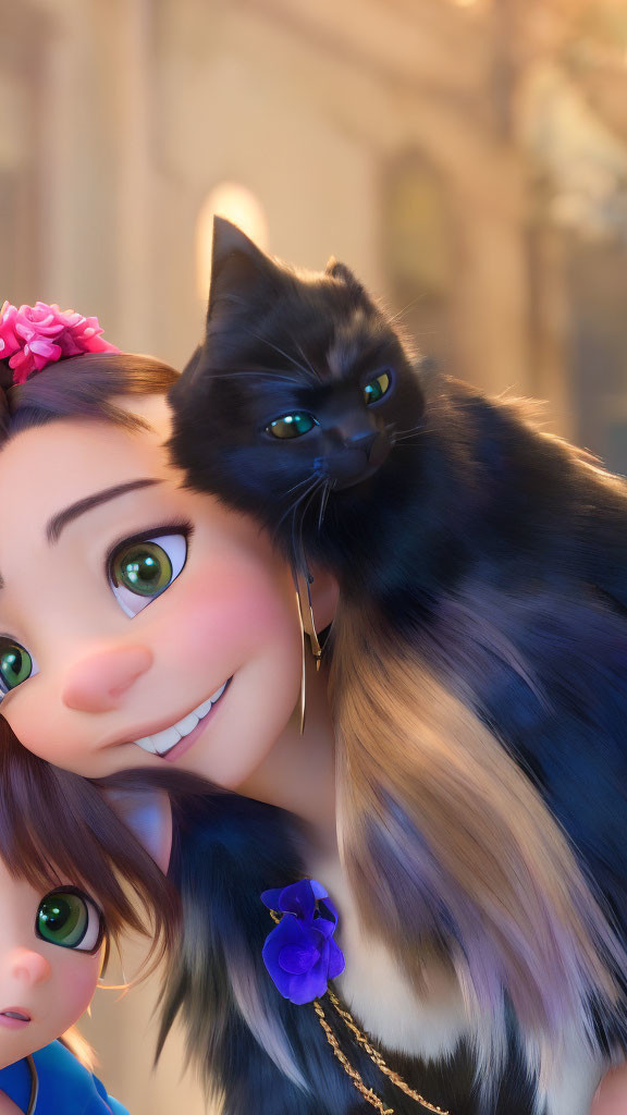 Animated girl with green eyes, black cat, and partial face view.