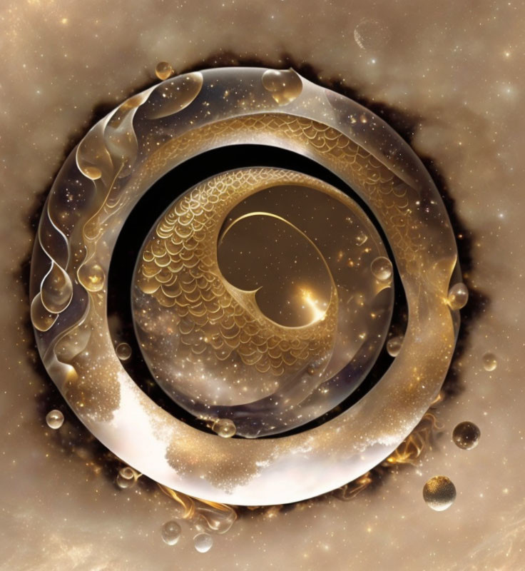 Golden fractal eye with spirals and orbs on brown cosmic backdrop