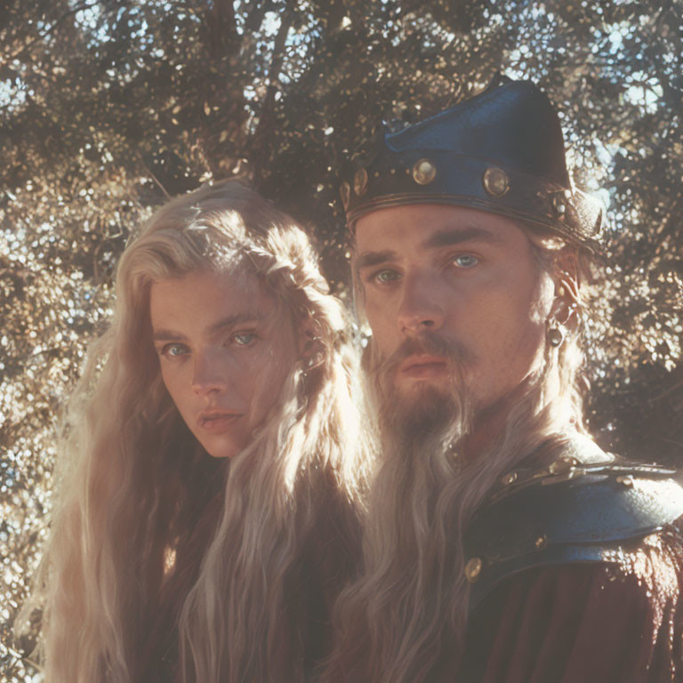 Medieval-style man and woman in confident poses in sunlit woods