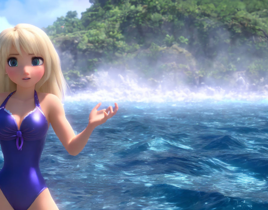 Blond girl in purple swimsuit by sparkling sea