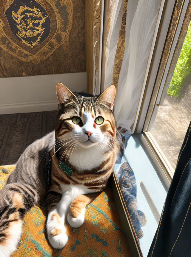 Tabby Cat with Striking Markings Sunbathing by Elegant Window