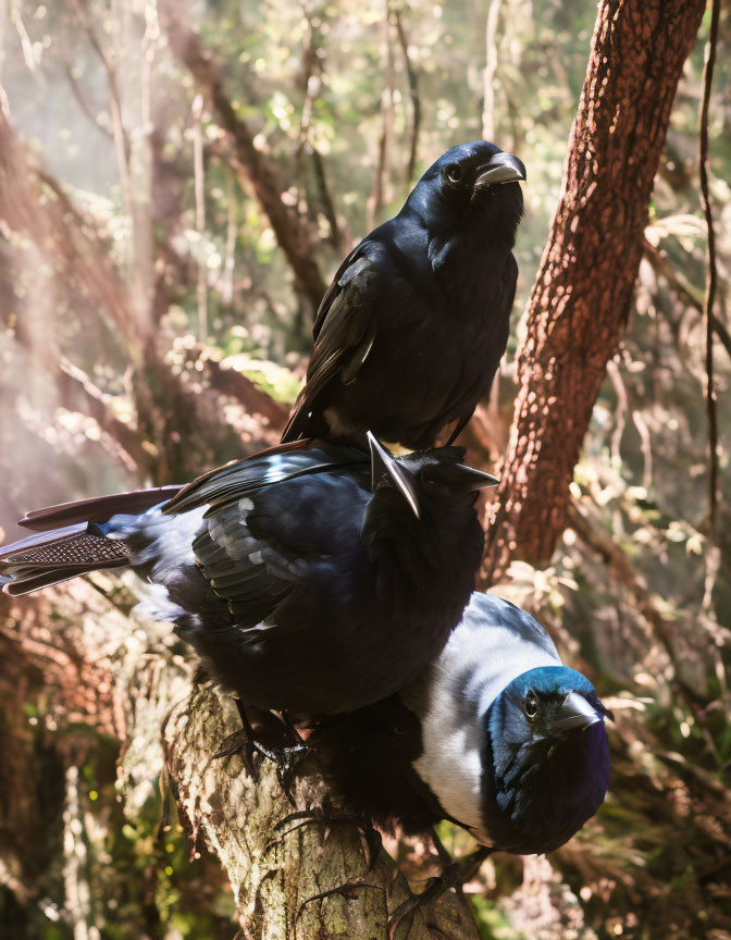 Forest scene: Two black birds on branch with sunlight filtering.