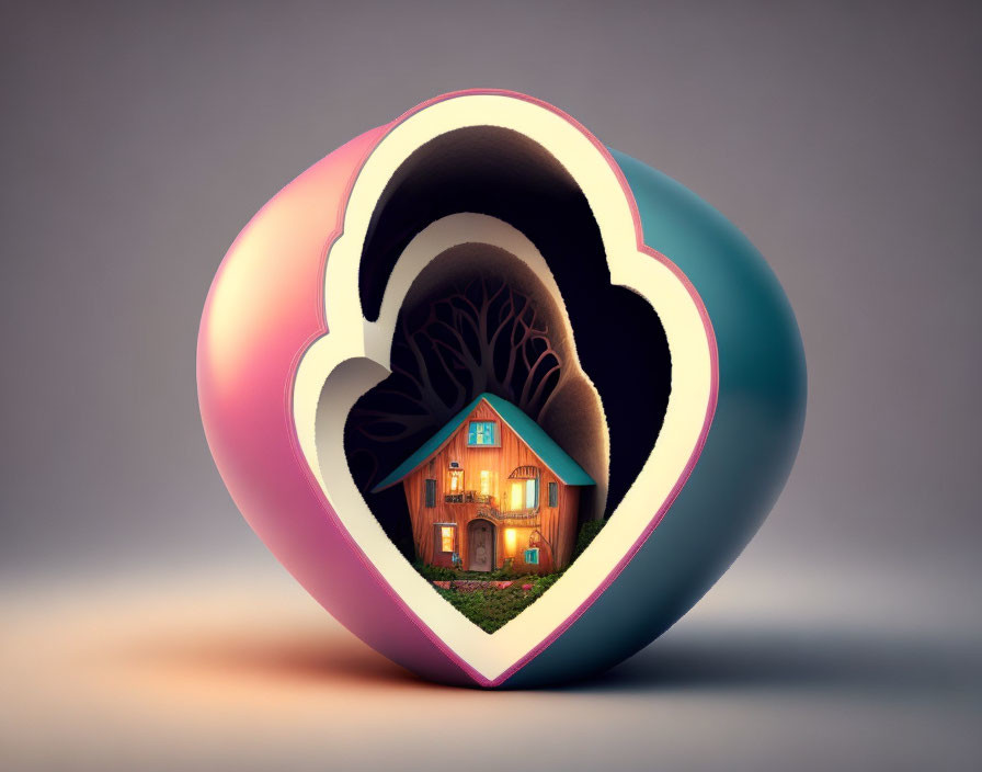 Heart-shaped object with cozy house inside and tree-flanked tunnel