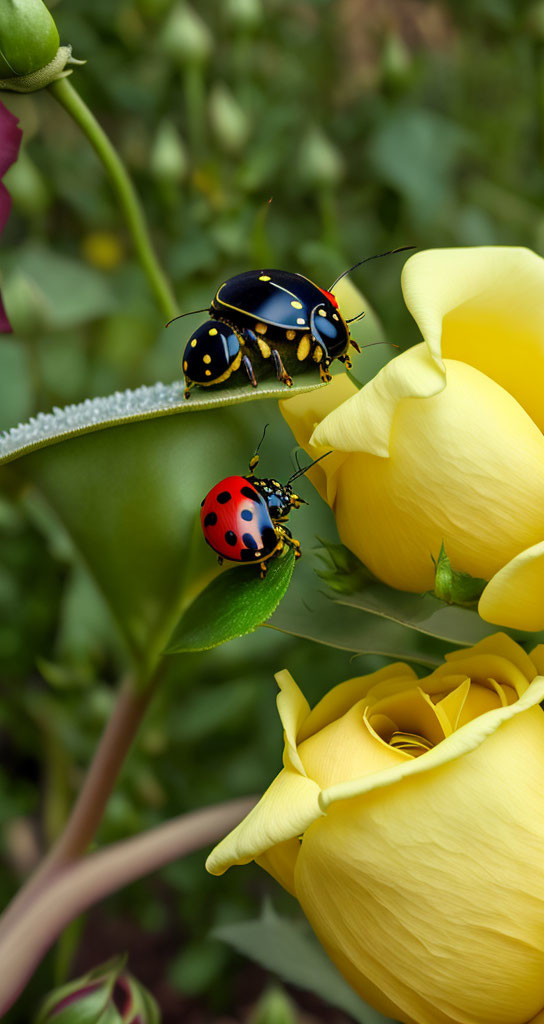 Ladybugs on Yellow Rose: One on Petal, One on Leaf, Dewy Stem Background