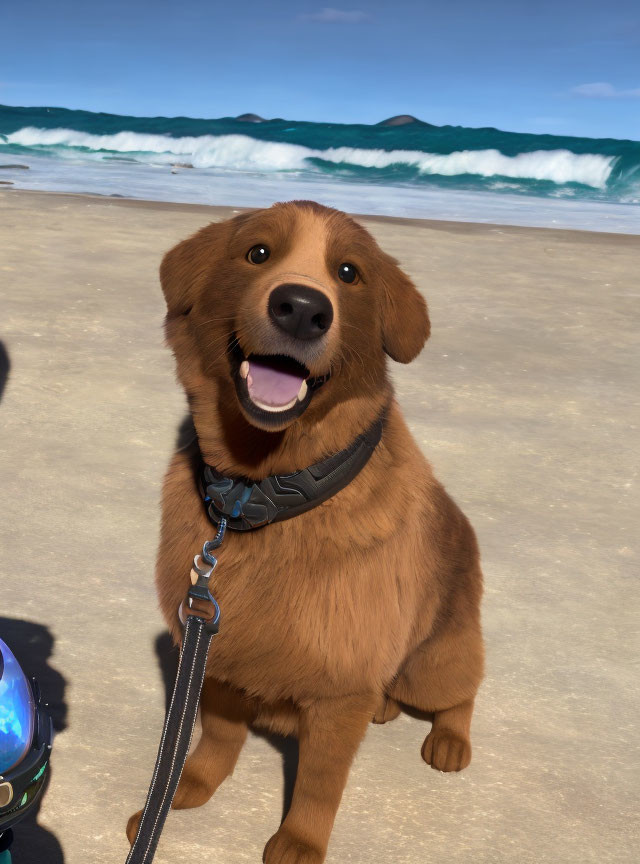 Brown Dog with Black Collar on Beach with Blue Waves and Clear Sky