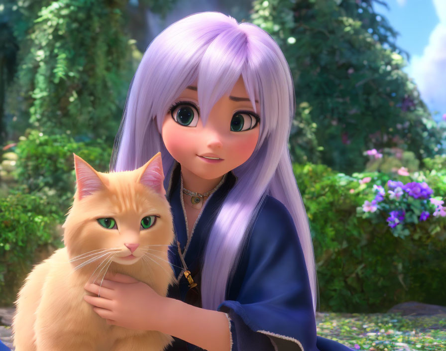 Purple-haired girl in blue dress with orange cat in sunny garden.