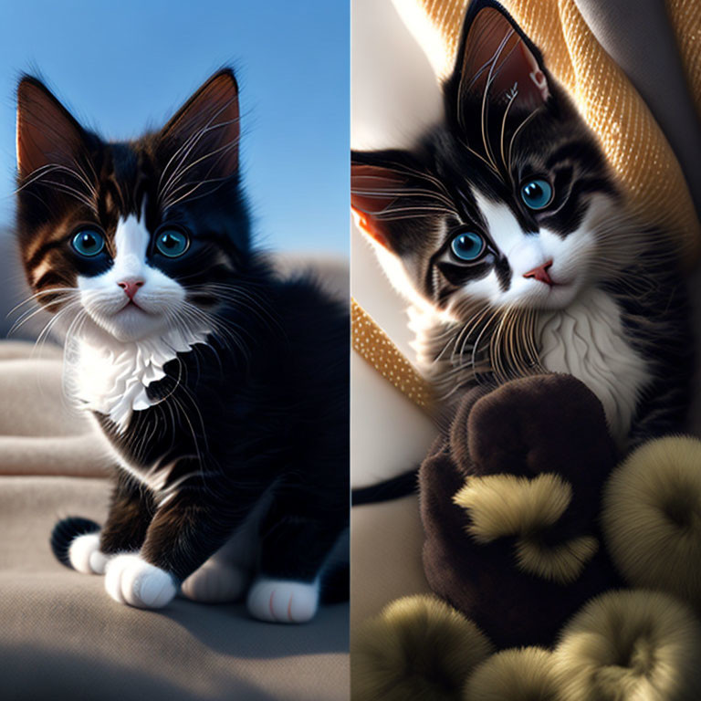 Adorable fluffy kittens with blue eyes and black & white fur resting and peeking.