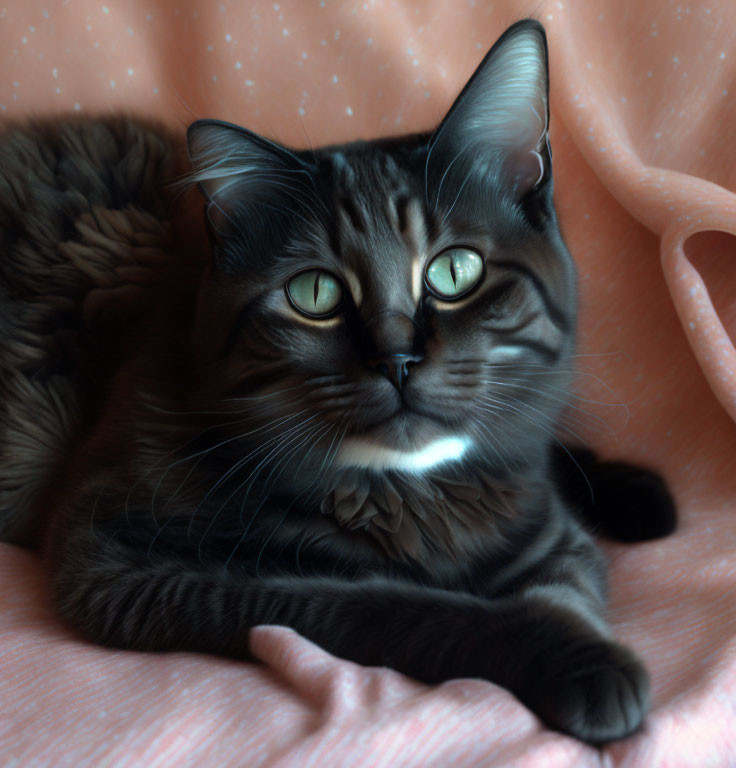 Grey Tabby Cat with Yellow Eyes Resting on Pink Fabric