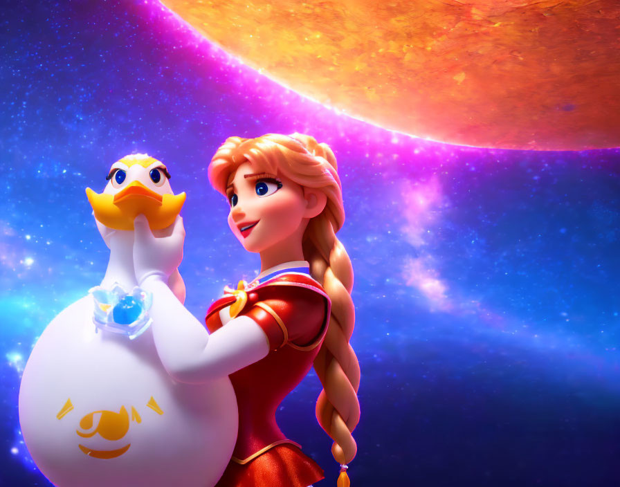 Animated character with braid holds white duck in cosmic scene.