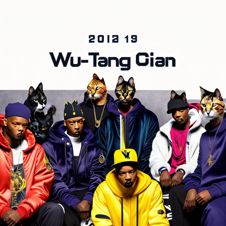 Digital artwork: Wu-Tang Clan members' faces replaced with cat faces in hip-hop attire