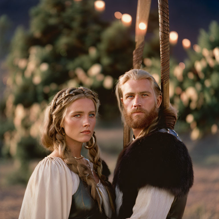 Medieval-style dressed man and woman in front of forest backdrop.