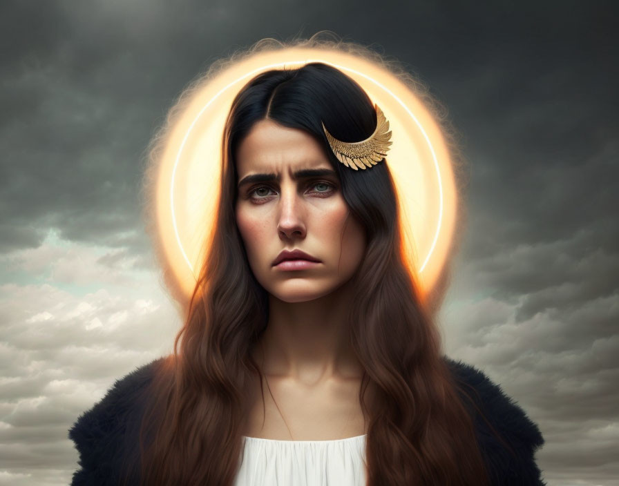 Dark-haired woman with crescent moon headpiece under glowing halo in moody sky