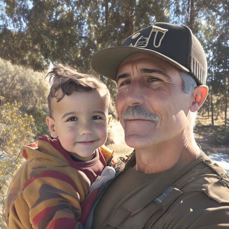 Adult with mustache holds smiling toddler outdoors in casual attire.