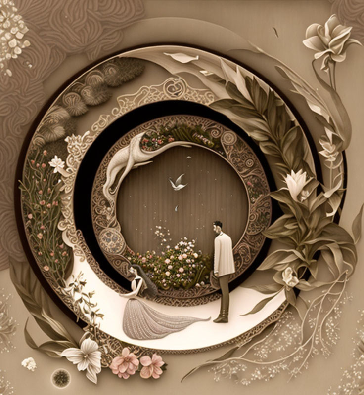 Intricate paper art: Man gazes at woman in floral dress in circular frame