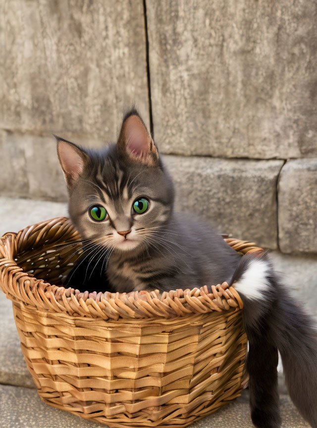 Gray Tabby Kitten with Green Eyes in Woven Basket by Stone Wall