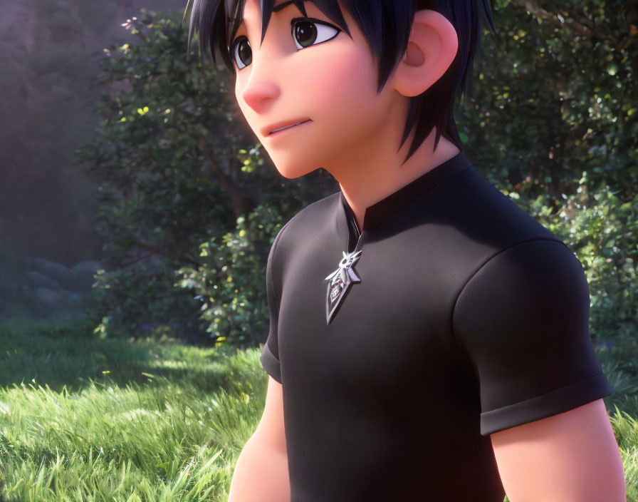 3D animated character with black hair and blue eyes in sunlit grassy area