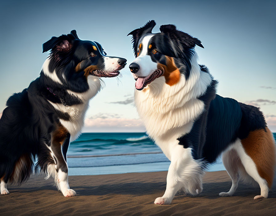 Australian Shepherd dogs on sandy beach with waves, one mid-bark.