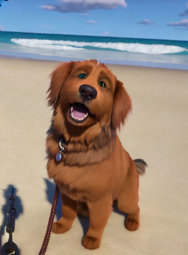 Smiling brown dog with collar and leash on sandy beach