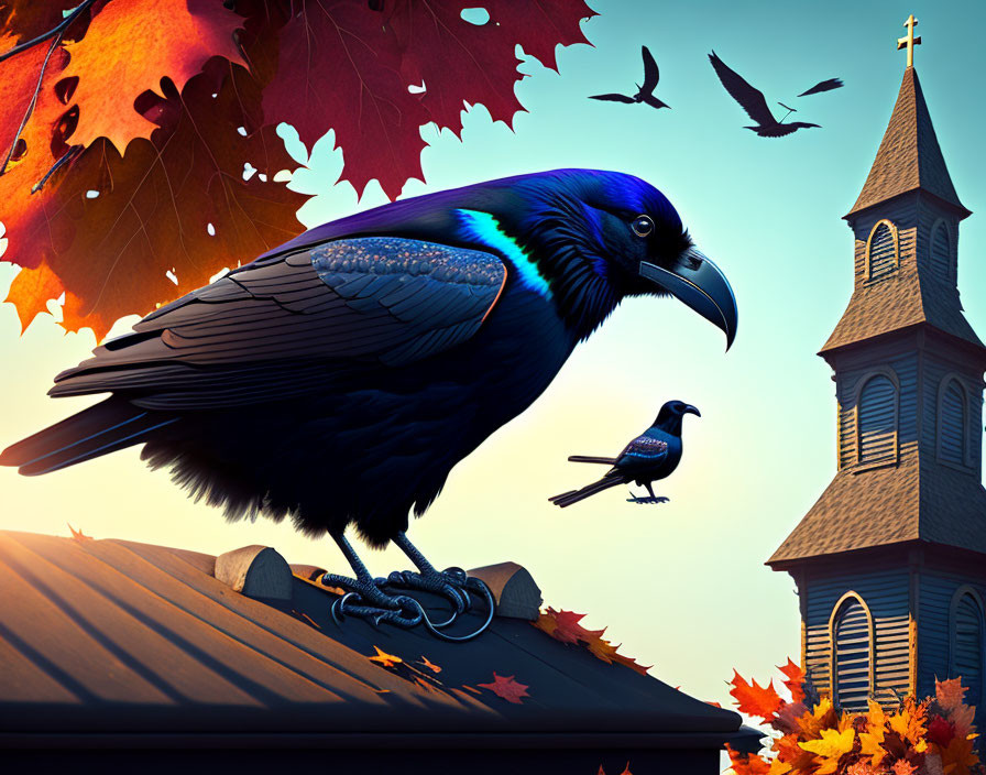 Detailed autumn scene with raven on roof and church steeple