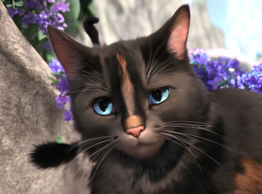 Blue-eyed black cat among rocks and purple flowers illustration.