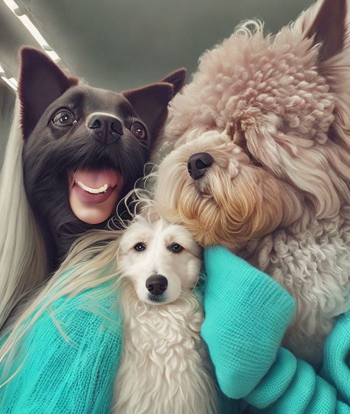 Three dogs cuddling with a person in a turquoise sweater