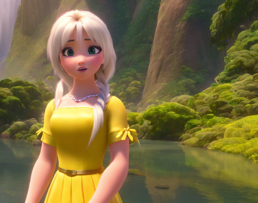 Blonde-Haired Female Character in Yellow Dress Surprised in Forest