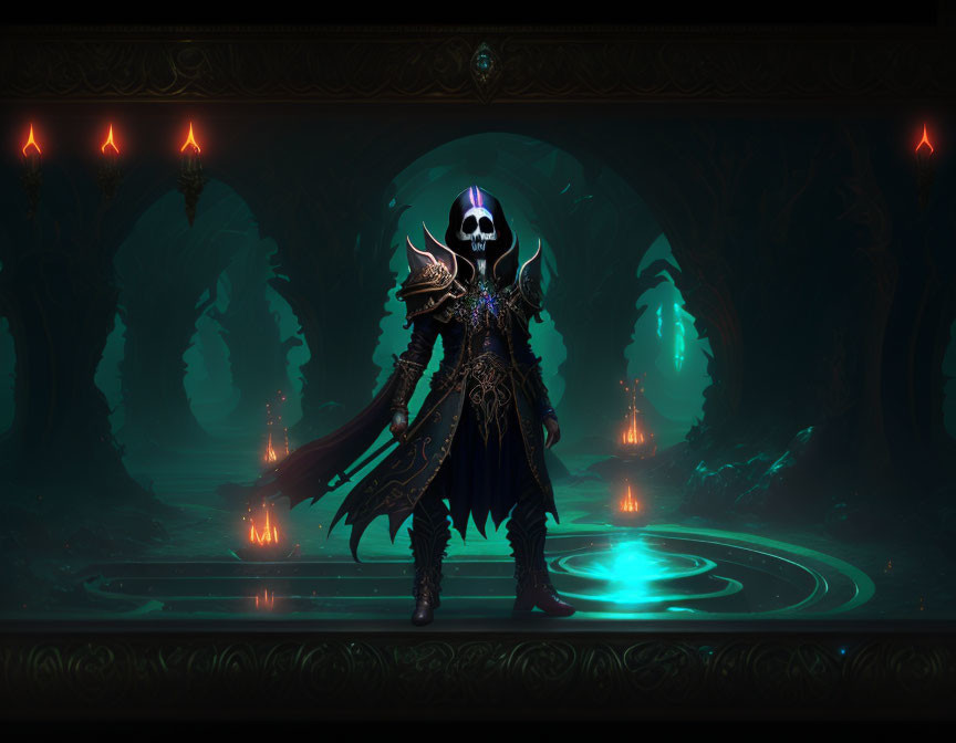 Skull-masked figure in dark hall with glowing green accents