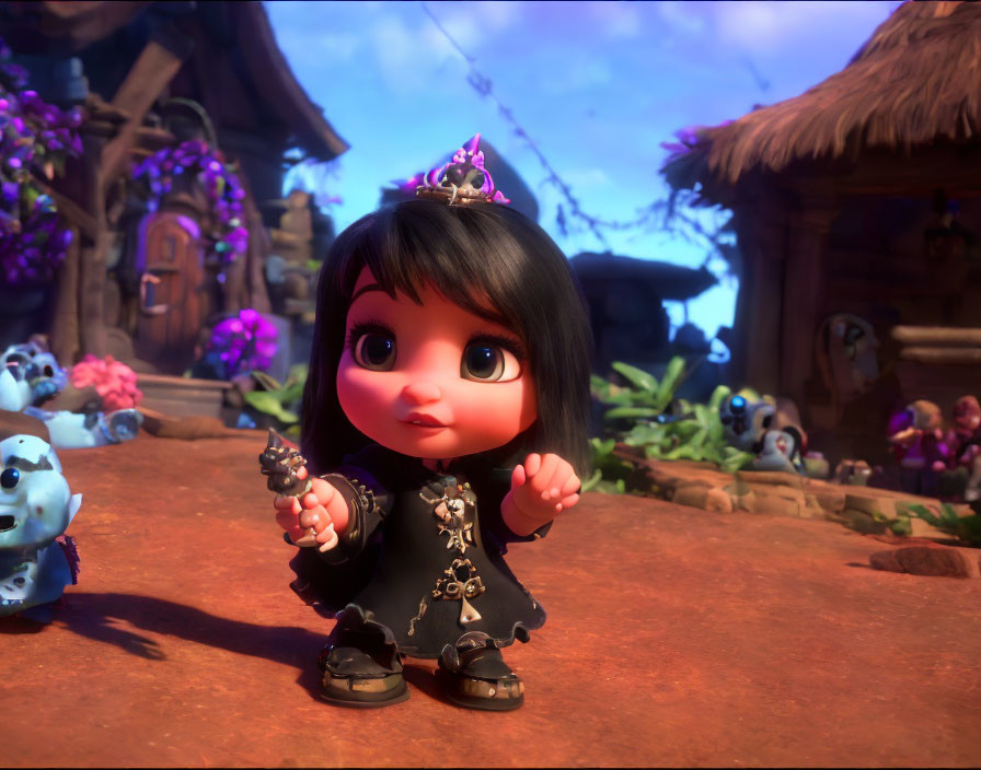 Stylized animated character with big eyes and tiny crown in fantasy village setting at dusk